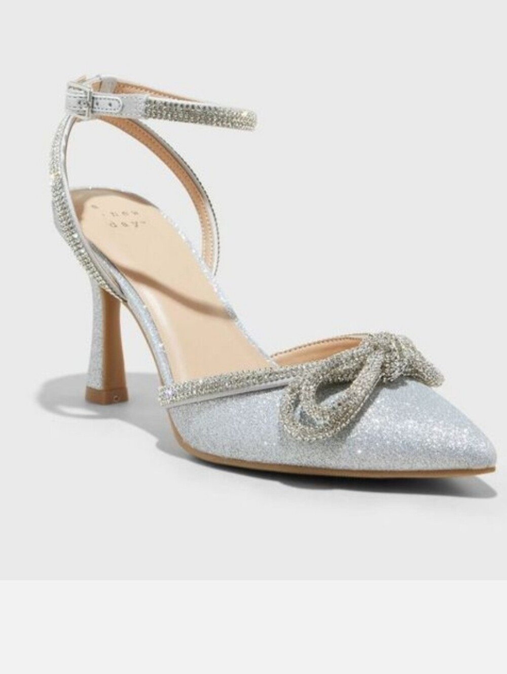 A New Day Silver Rhinestone Bow Pointed Toe Ankle-Strap Pump Size 8.5